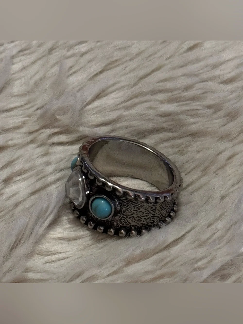 Boho Statement Ring Silver Tone Clear Crystal Turquoise Cabochons Sz 10.5 Unisex